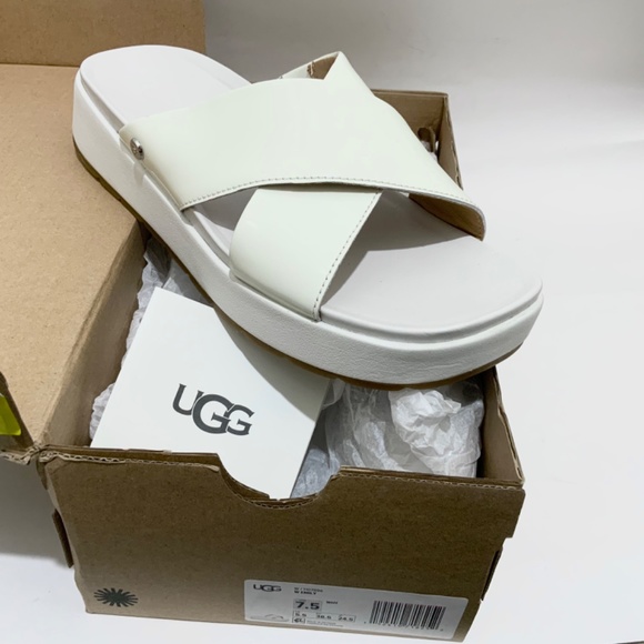 UGG Emily Slide Cross Strap Sandals White Patent Leather Platform Slip On 7.5 - Picture 7 of 12